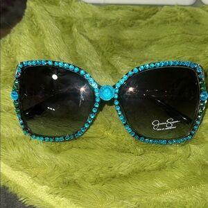 Jessica Simpson Oversized Handmade Bejeweled Blue/Green Gemstone Sunglasses